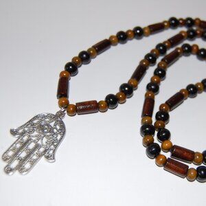 Hamsa Hand Necklace,Wood Necklace,Hand of Fatima Necklace,Hamsa Necklace